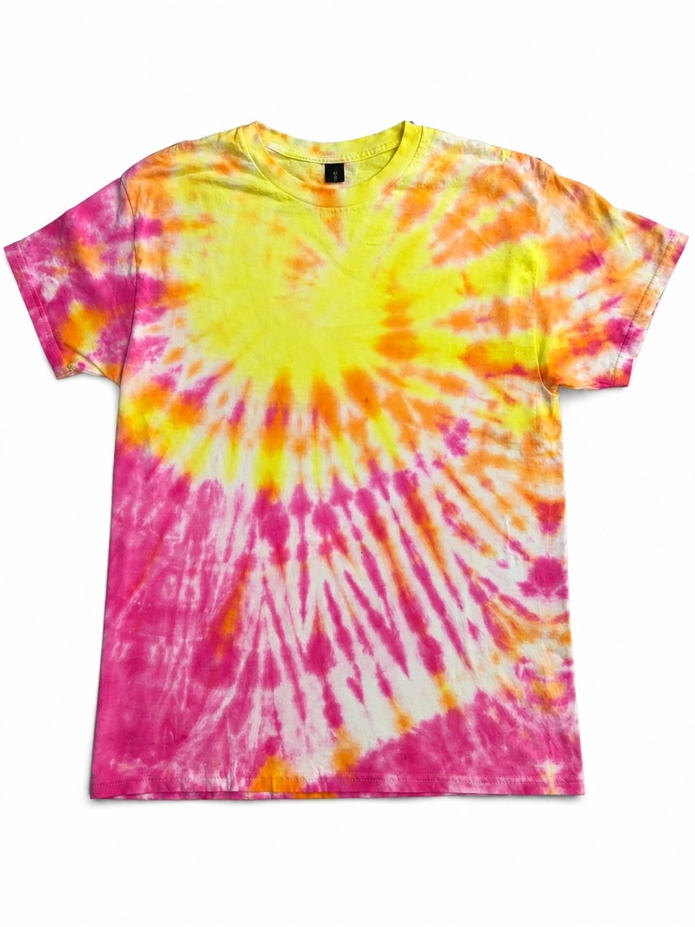 Hand Tie Dye Hippie Cotton T-Shirt in size Medium with Pink Yellow Orange Spiral - Picture 1 of 2
